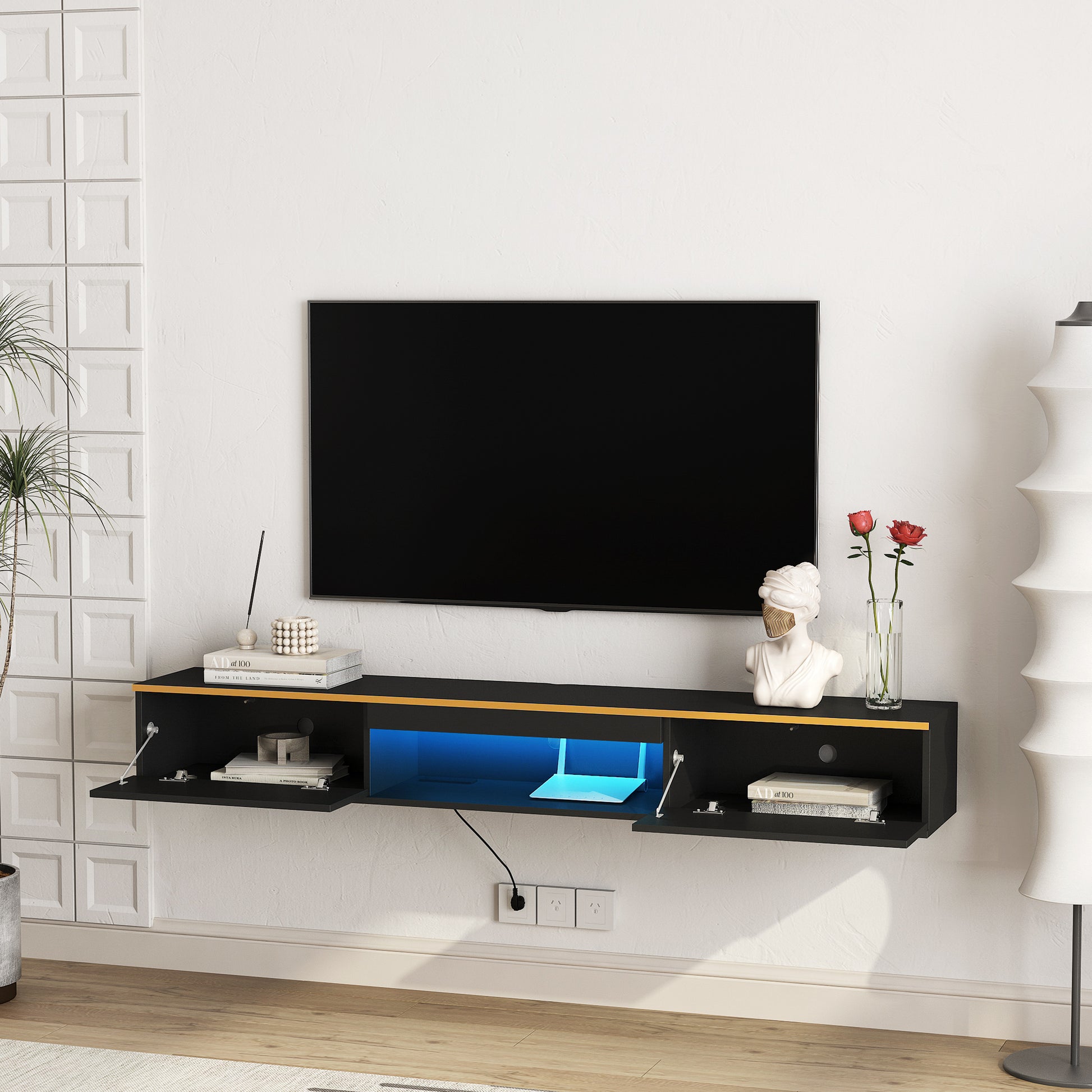 Floating Tv Stand Wall Mounted With 16 Color Leds,69" Modern Tv Stand, Floating Tv Cabinet Entertainment Center For 55 60 65 Inch Tv,Black Black 60 69 Inches Mdf