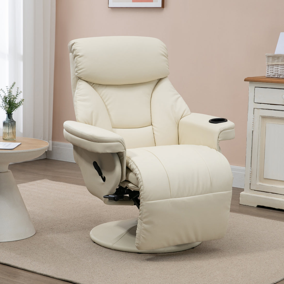 Homcom Manual Recliner, Swivel Lounge Armchair With Side Pocket, Footrest And Cup Holder For Living Room, Cream White Cream White Pu Leather