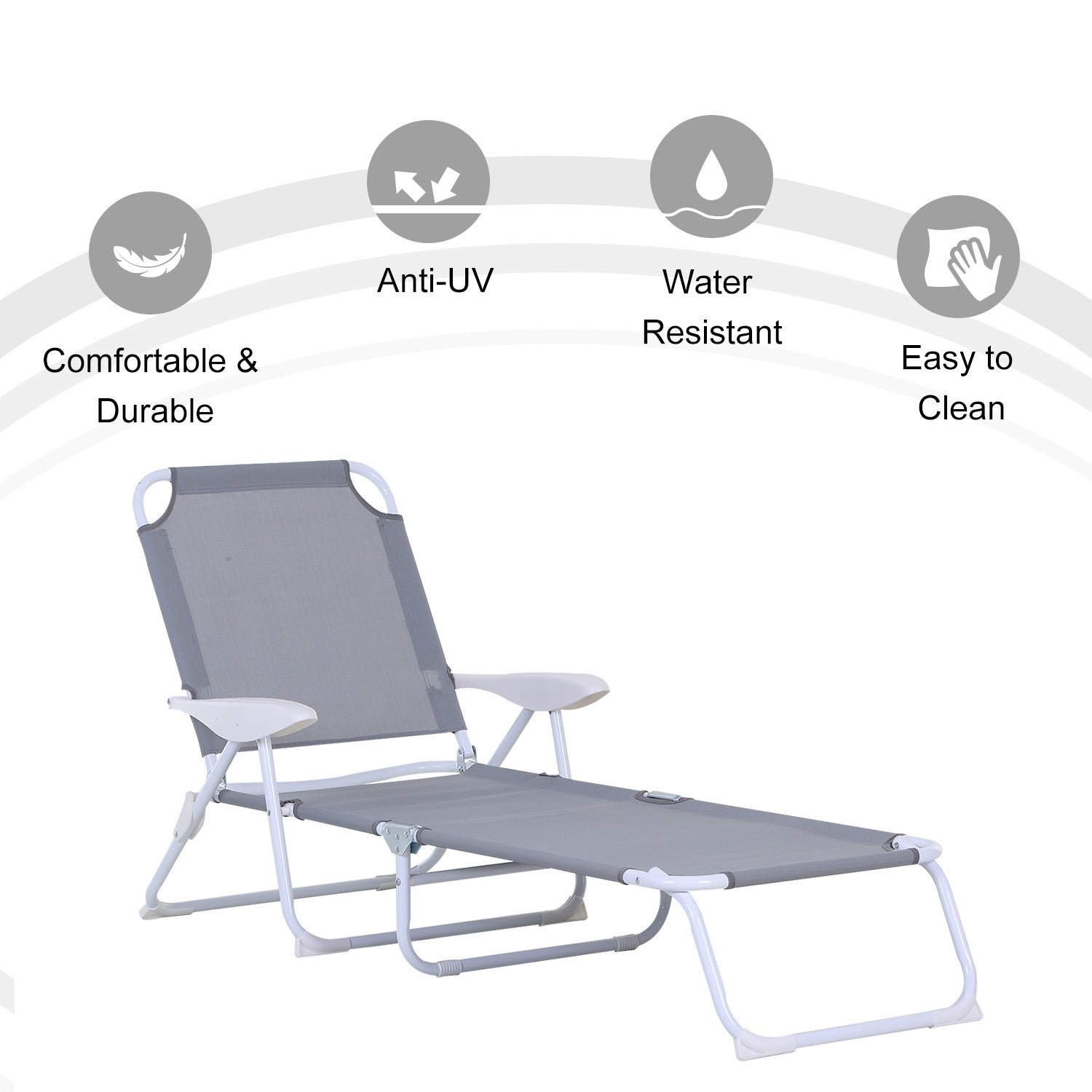 Outsunny Folding Chaise Lounge, Outdoor Sun Tanning Chair, 4 Position Reclining Back, Armrests, Metal Frame And Mesh Fabric For Beach, Yard, Patio, Gray Grey Metal