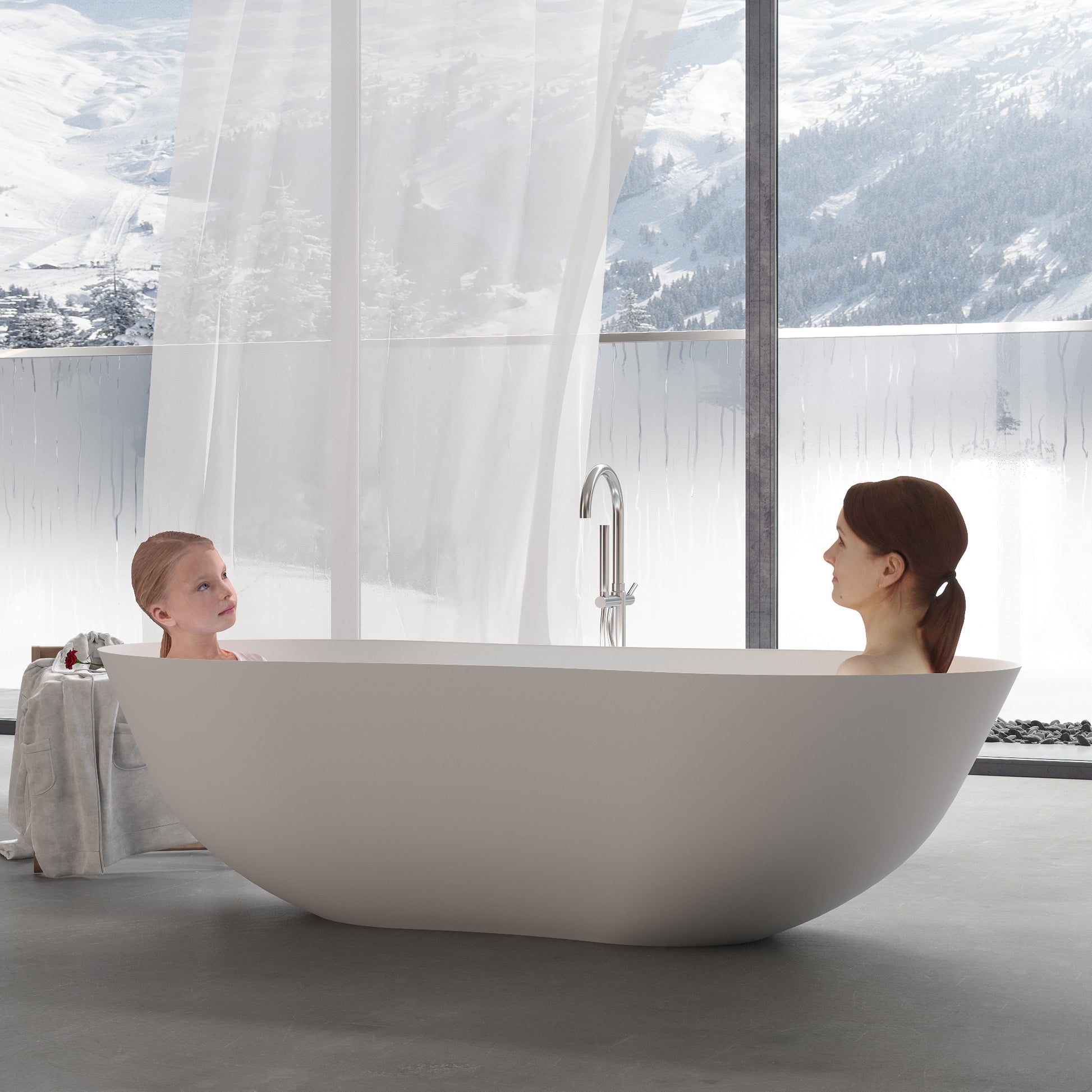 67" Freestanding Solid Surface Bathtub, Stone Resin Freestanding Bath Tub With Overflow And Pop Up Drain, Matte White 24S10 67Mw Matte White Bathroom Freestanding Tubs Solid Surface
