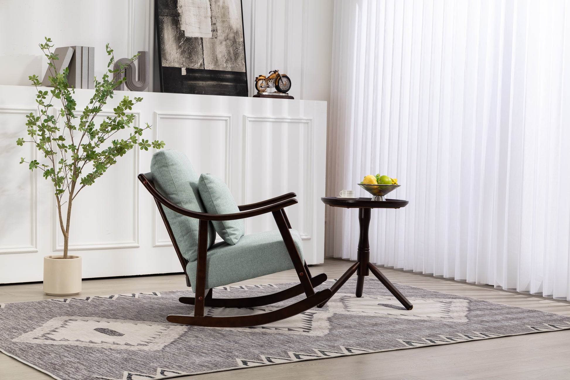 Woven Fabric Mid Century Modern Accent Chairs Comfy Upholstered Glider Arm Chair With Solid Wood For Living Room Bedroom Balcony Light Green Linen