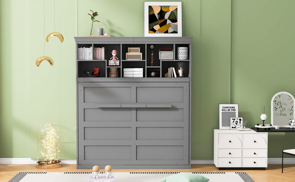 Queen Size Murphy Bed Wall Bed With Top Shelves & Usb,Gray Queen Gray Plywood