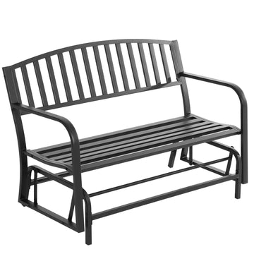 Outsunny Outdoor Glider Bench, Glider Bench For Outside Patio With Armrests, Slatted Seat & Backrest, Loveseat With Power Coated Steel Frame, Black Black Steel