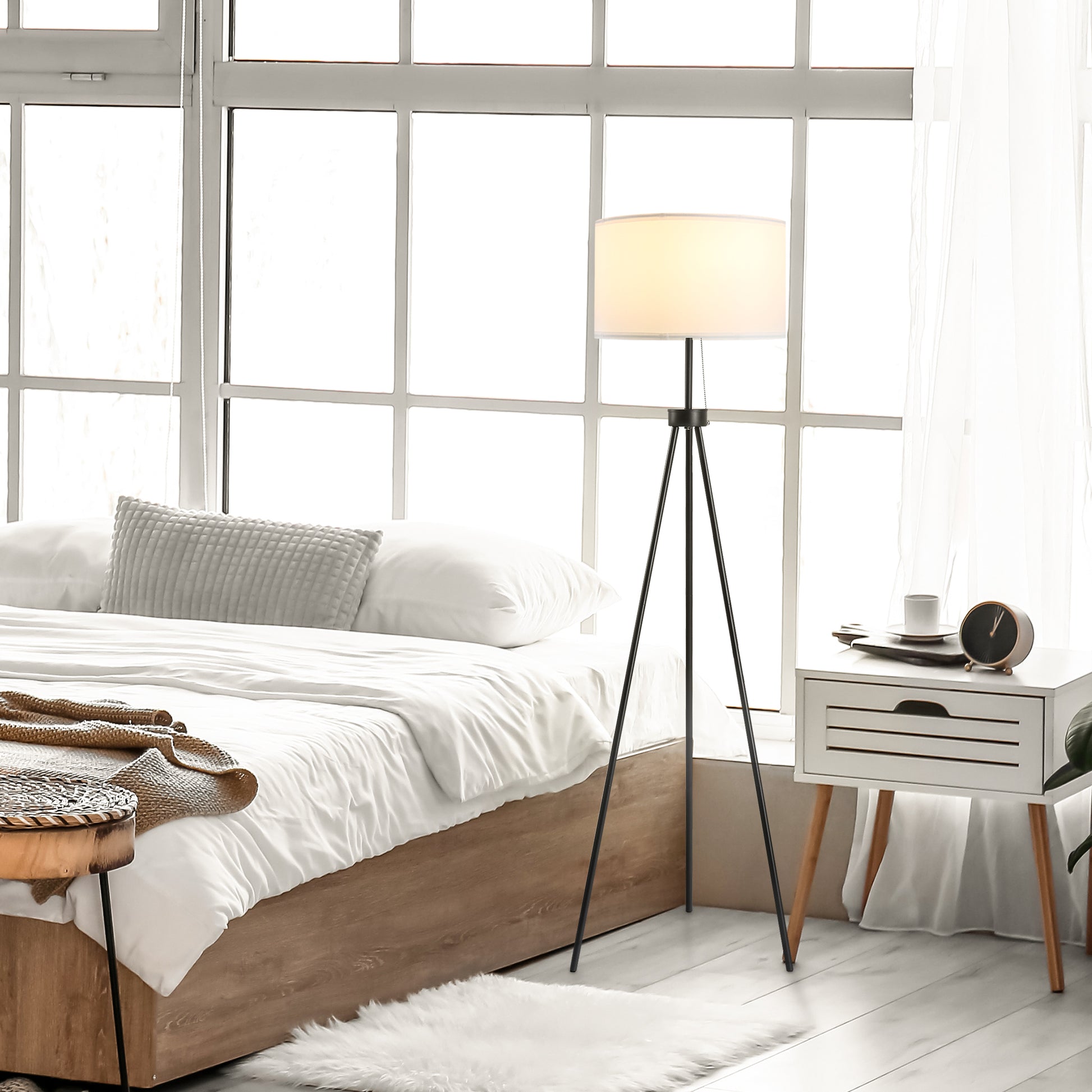 Homcom 59.75" Tripod Floor Lamp With Pull Chain Standing, Fabric Lampshade E26 Lamp Holder Steel For Living Room, Bedroom, Office, Black Black Glass Metal