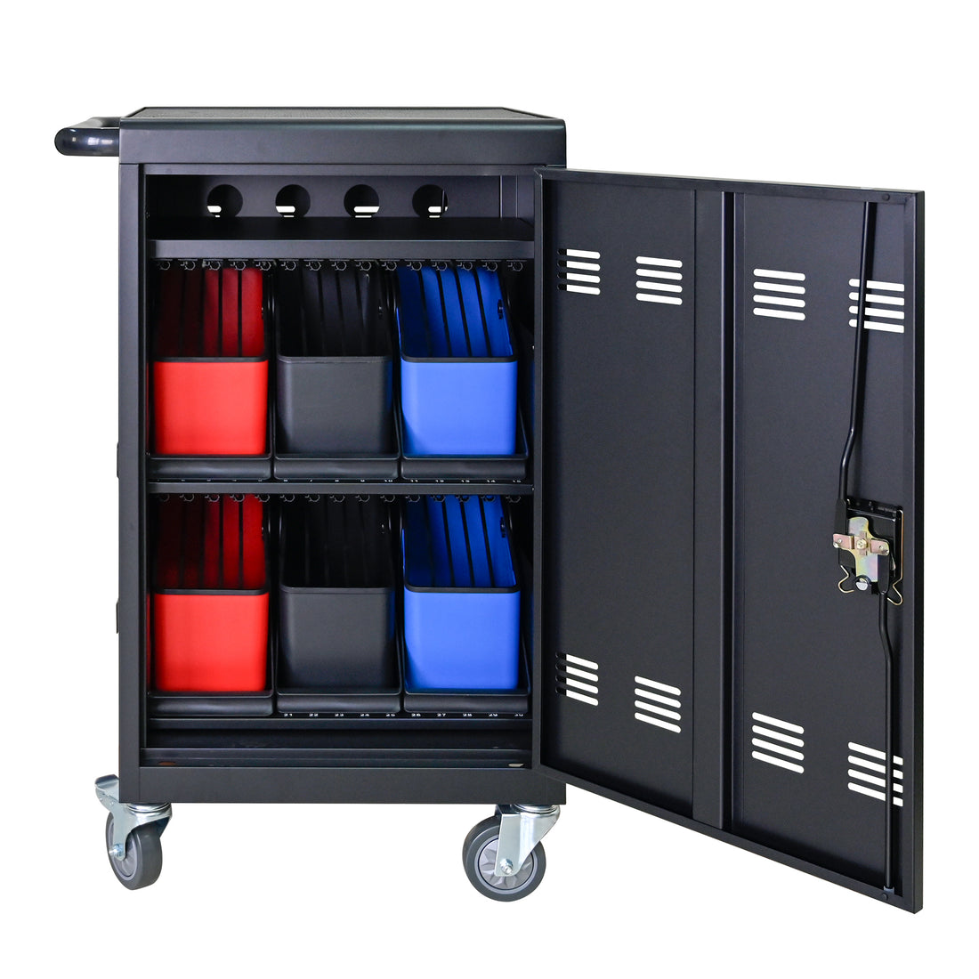 Tablet Laptop 32 Bit Plastic Device Basket Device For Mobile Charging Trolley Includes Cable Management Dividers, Cable Clips, Storage Compartment, And Removable Doors Black Matt Black Steel Metal