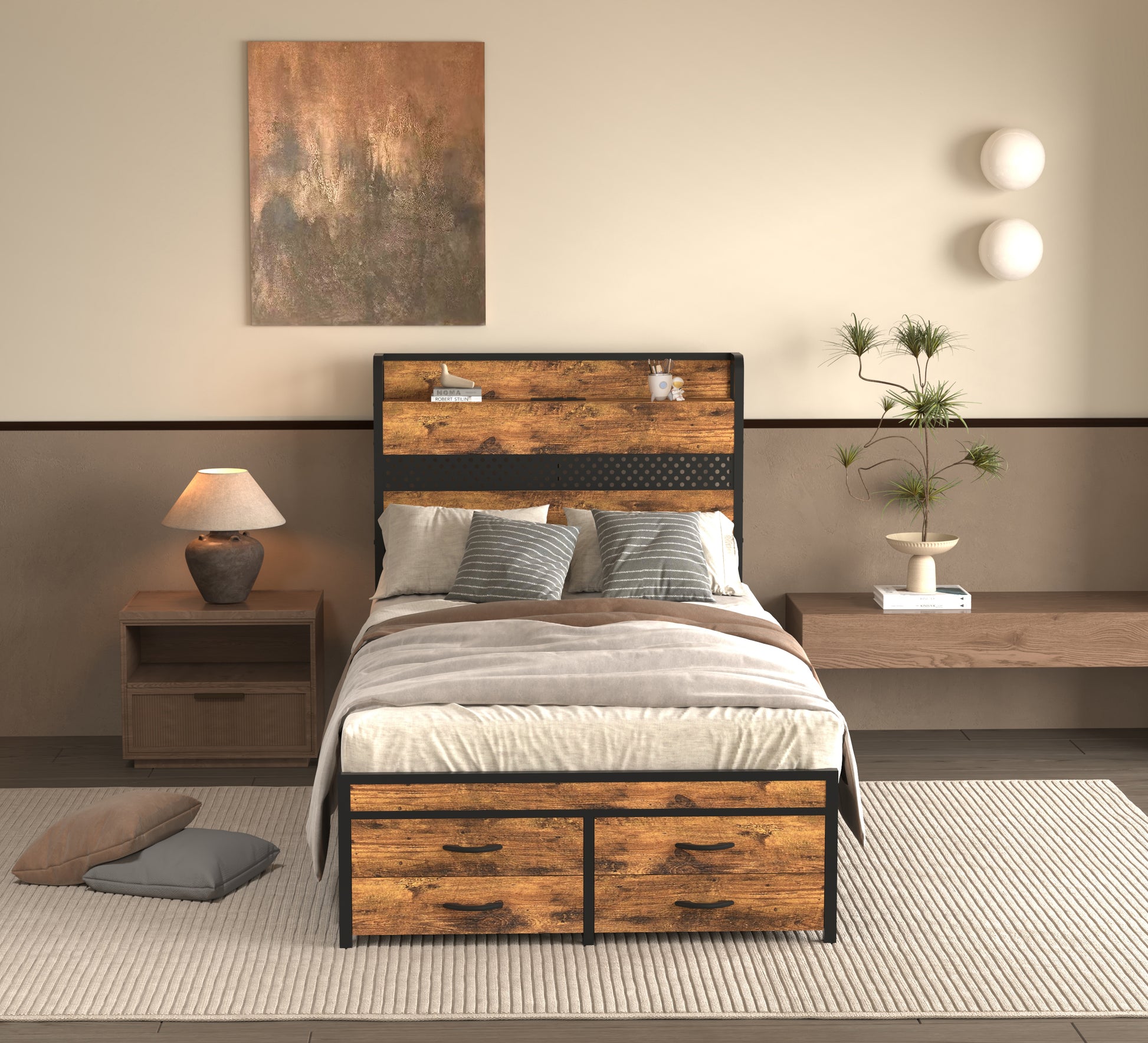 Twin Bed Frames With Headboard, Twin Size Bed Frames With Storage Drawers, Twin Bed, Black Metal Platform Bed Frame, Single Bed Frame, No Box Spring Needed Black Mdf Metal
