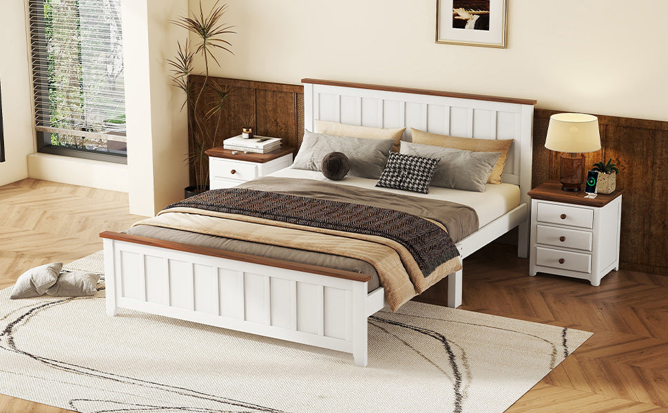 Queen Size Wood Platform Bed Wooden Slat Support, Vintage Simple Bed Frame With Rectangular Headboard And Footboard, White Box Spring Not Required Queen White Wood