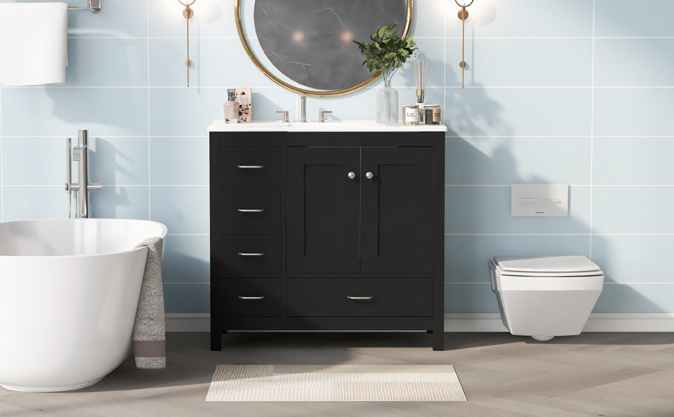 36" Black Bathroom Vanity With Ceramic Sink Combo, Abundant Storage Cabinet 2 Soft Close Doors And 5 Drawers Black Bathroom Solid Wood Mdf