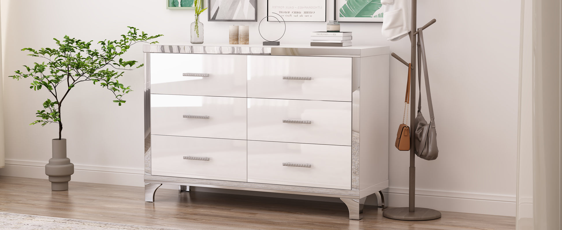 Elegant High Gloss Dresser With Metal Handle,Mirrored Storage Cabinet With 6 Drawers For Bedroom,Living Room,White White Mdf