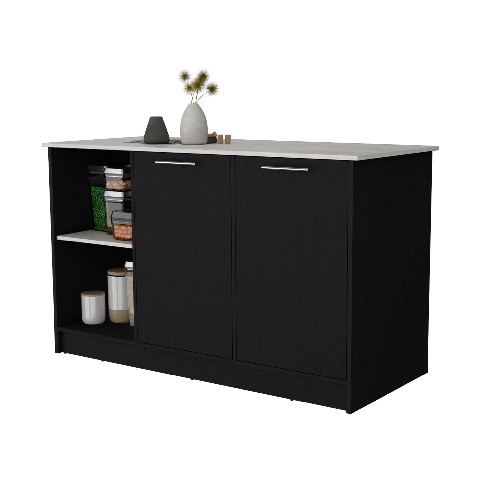Mercury Kitchen Island With Spacious Countertop, Double Door Cabinets, And 2 Open Storage Shelves Multi Kitchen Rectangular Stationary Kitchen Islands Melamine Particle Board Large 56 In