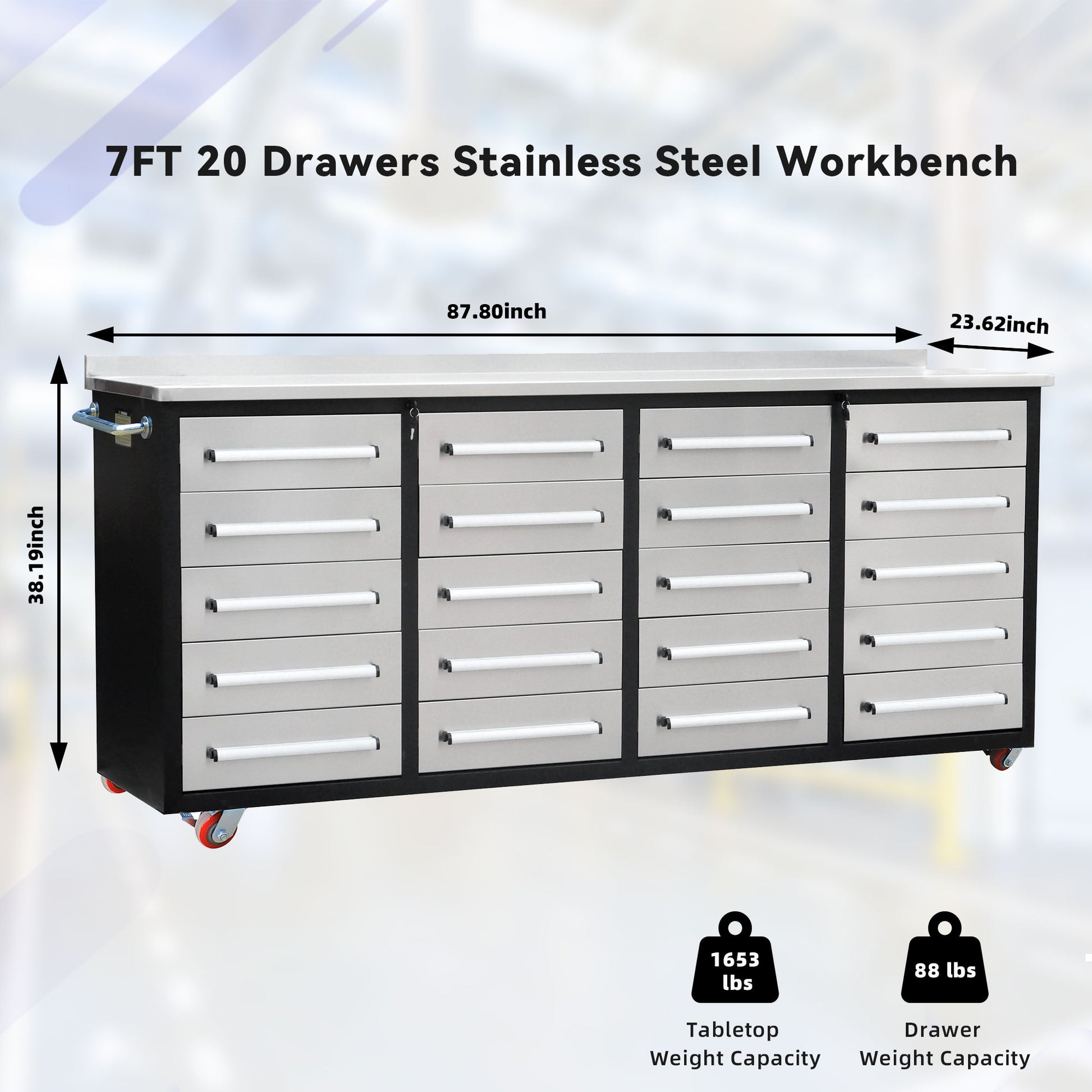 7Ft Garage Storage Cabinets With Workbench 20 Drawers Silver Silver Steel
