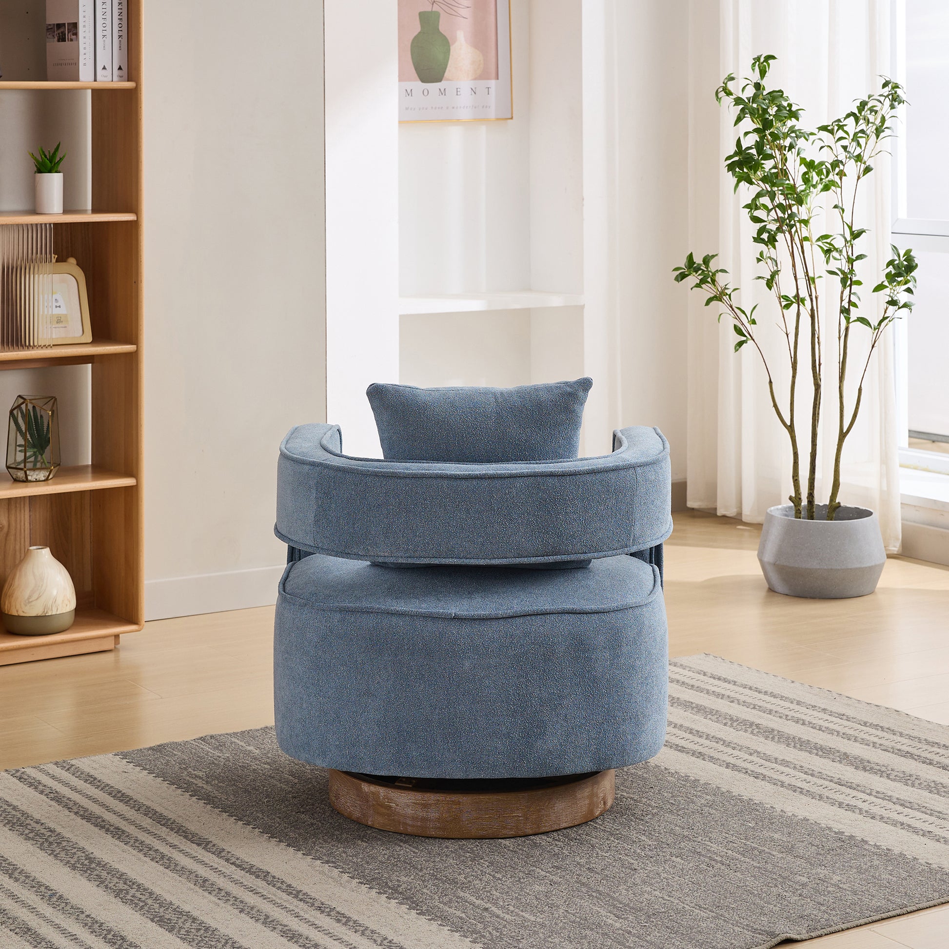 29.1"W Swivel Accent Open Back Chair Modern Comfy Sofa Chair With Weathered Base For Nursery Bedroom Living Room Hotel Office, Club Chair Leisure Arm Chair For Lounge Pale Blue,Linen Blend Blue Linen Blend