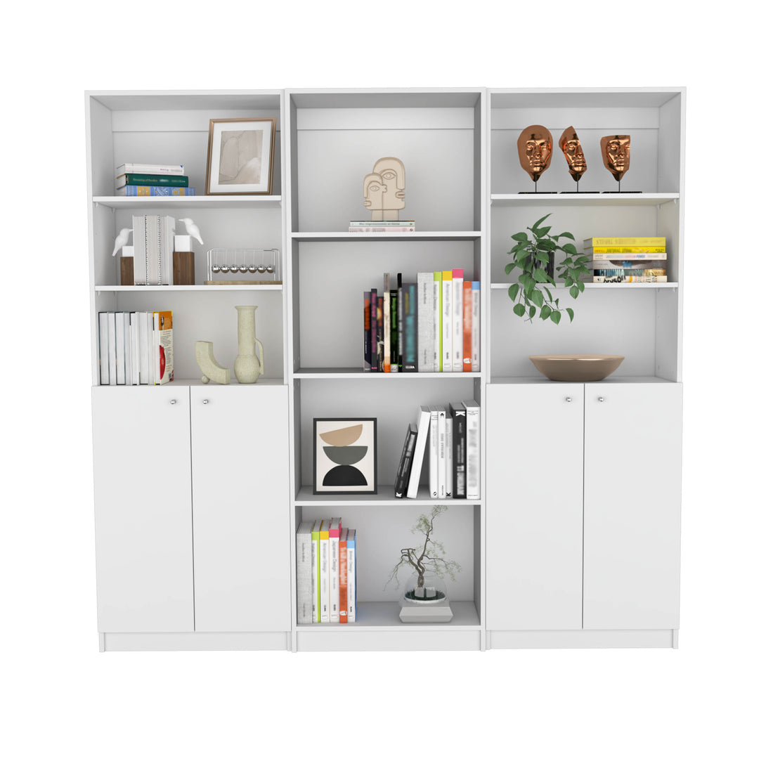 Hialeah 3 Piece Home Bookcase Set, 74" Wide With 10 Shelves And Two Double Door Cabinetliving Room Set White White Particle Board