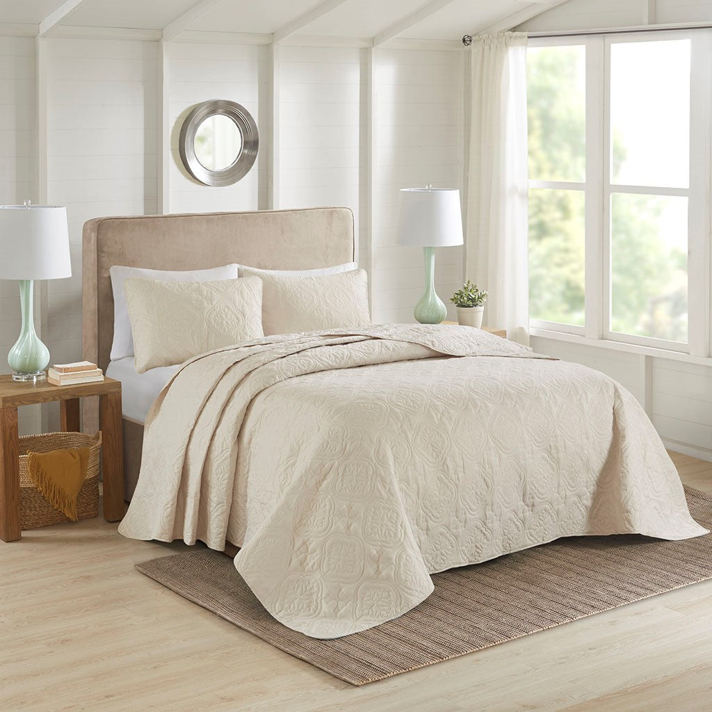 3 Piece Reversible Bedspread Set Cream Full Queen Queen Cream Microfiber