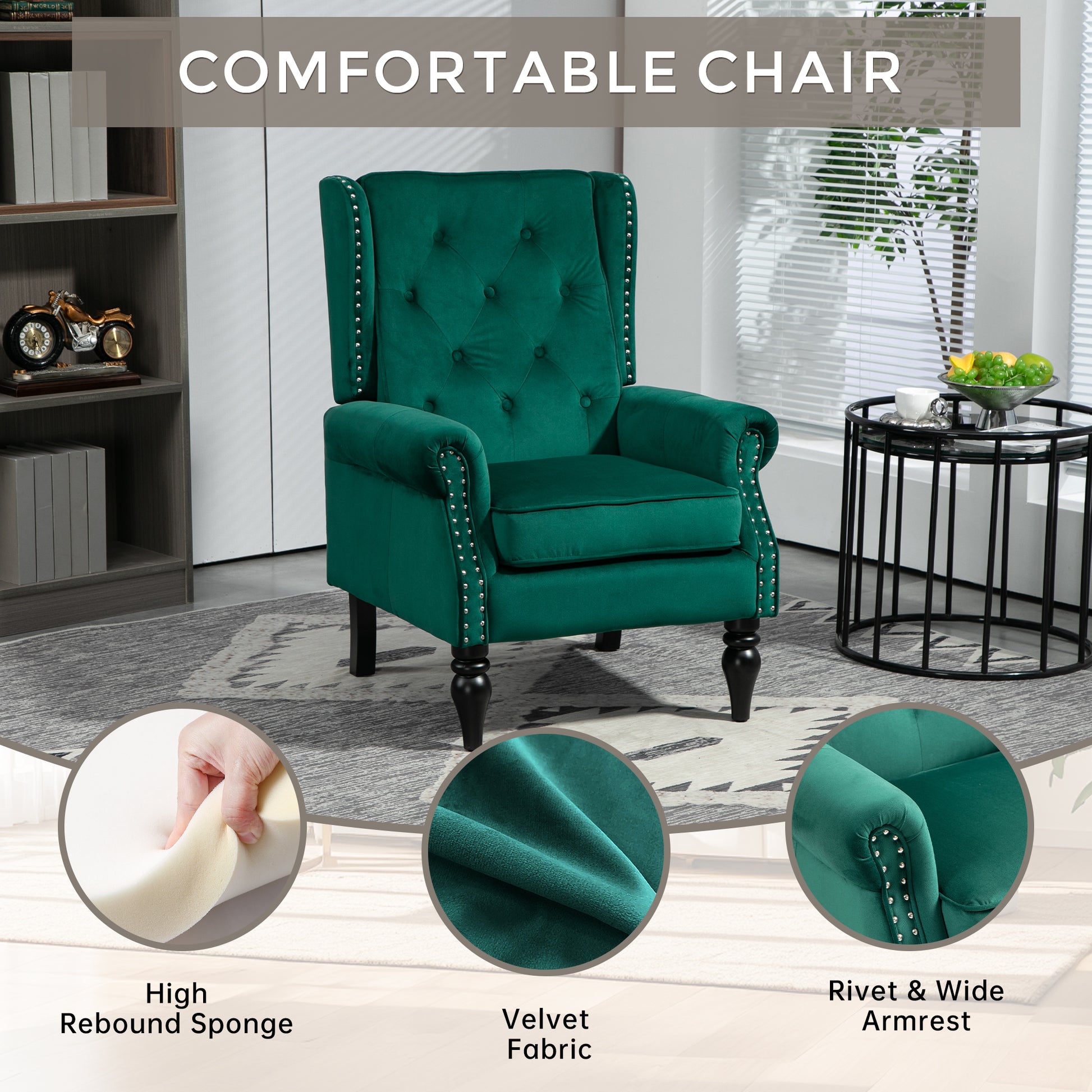 Coolmore Wood Frame Armchair, Modern Accent Chair Lounge Chair With Sturdy Wood Legs For Living Room Bedroom Green Green Primary Living Space Foam Velvet