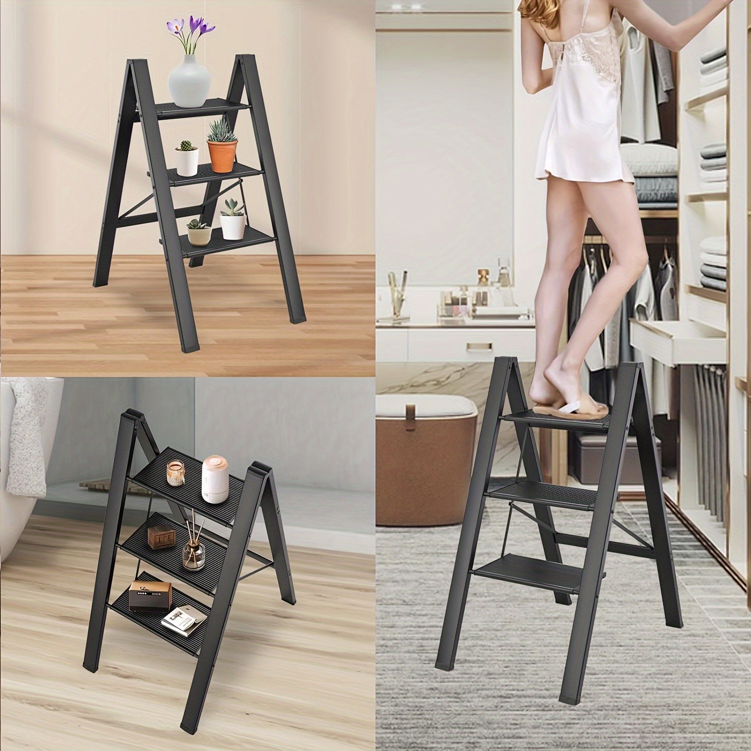3 Step Ladder Aluminum Light Folding Step Bench Wide Non Slip Pedal 300 Lb Capacity Home Office Portable Ladder Black Black Aluminium