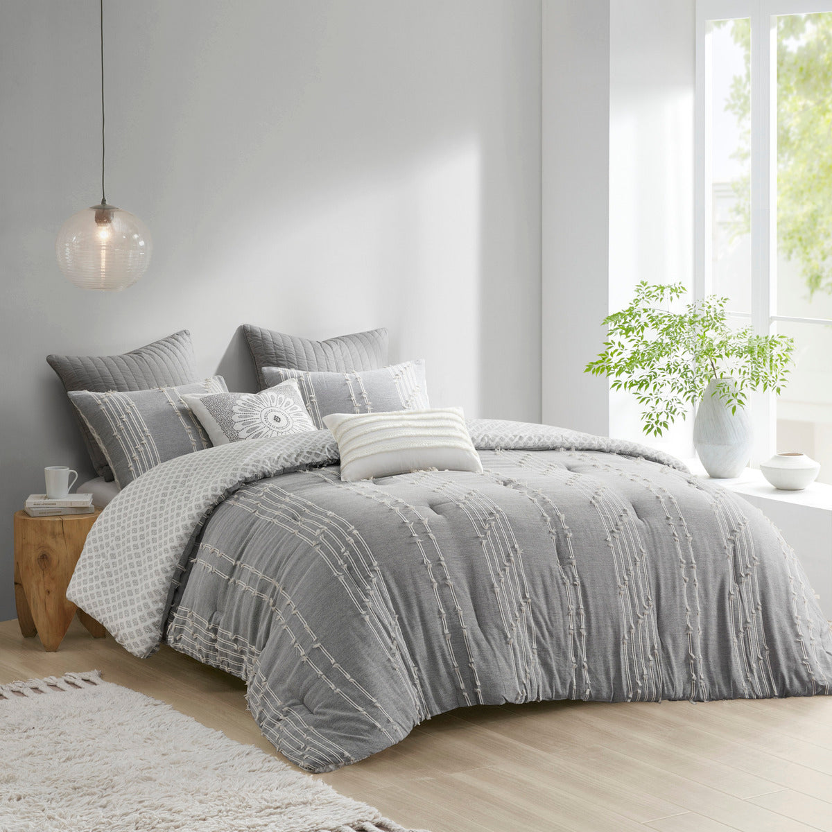 3 Piece Cotton Jacquard Comforter Set Gray Full Queen Queen Gray Cotton
