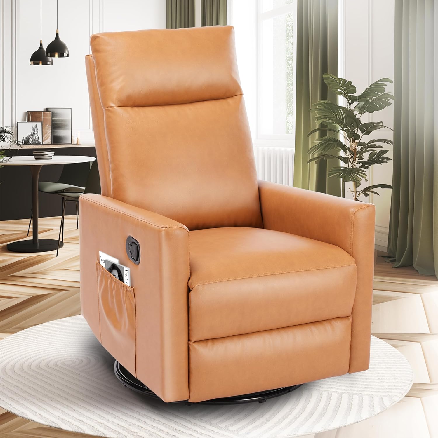 Swivel Recliner Chair, Rocker Glider Chair For Living Room, Office Faux Leather Recliner Chair, Nursery Glider With Large Footrest, Upholstered Deep Seat Single Sofa Chair, High Back, Brown Brown