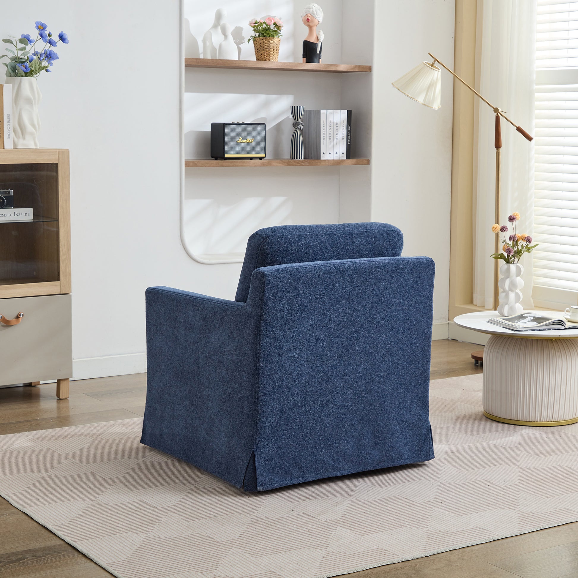 29.92'' Swivel Accent Chair, Upholstered Skirted Swivel Chair With Removable Back Cushion, 360 Degree Comfy Armchair For Living Room, Nursery, Lounge,Office,Navy Chenille Navy Chenille