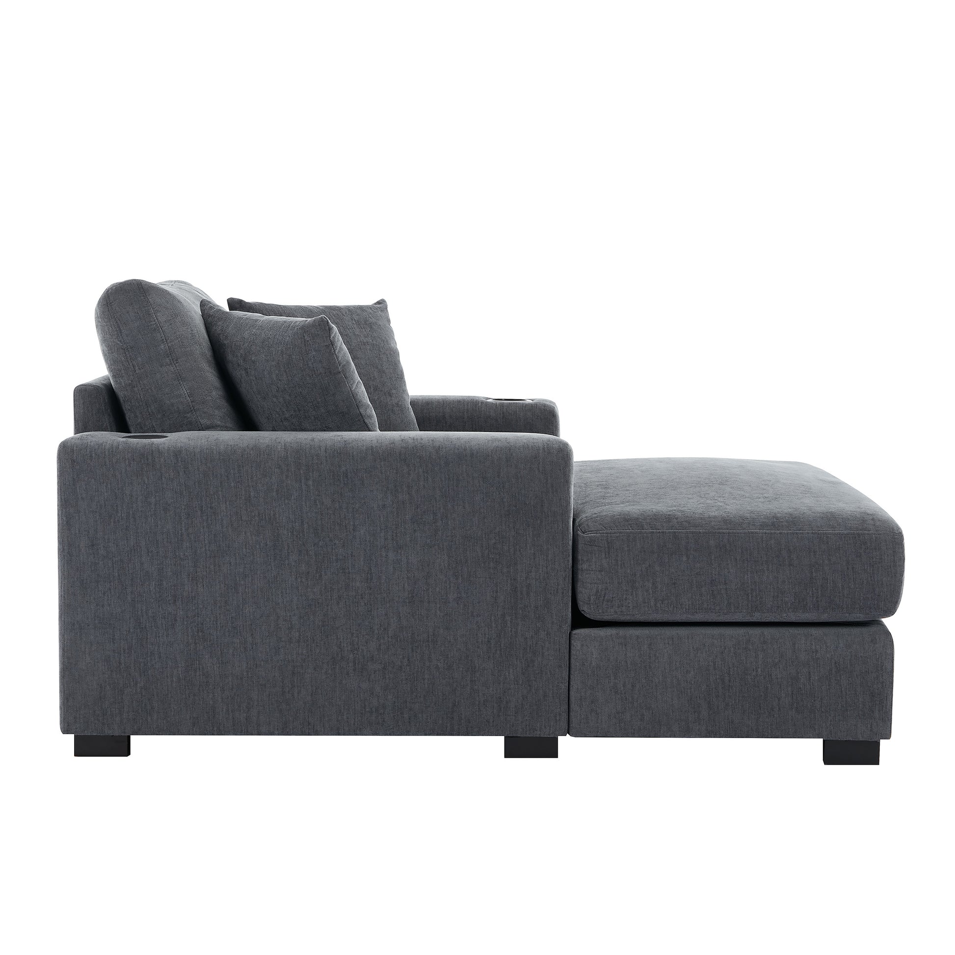 43.5" Oversized Chaise Lounger Modern Style Sofa Couch ,With Pillows, Charge Station & Cup Holders, Chenille Fabric, Blue Gray Blue Gray Chenille