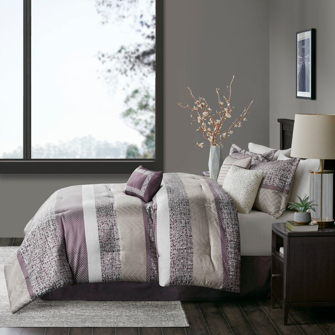 7 Piece Jacquard Comforter Set Purple Queen Queen Purple Polyester