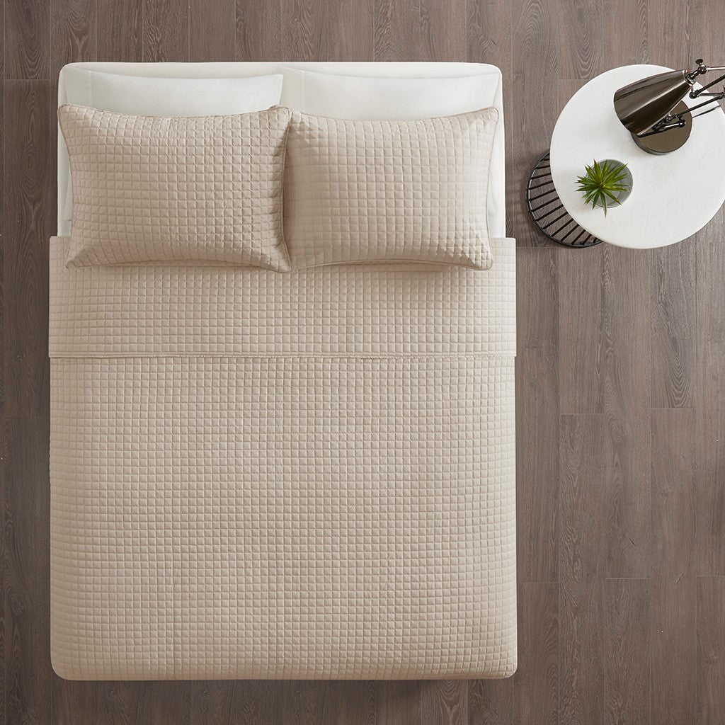 3 Piece Reversible Quilt Set Khaki King Cal King Khaki Polyester