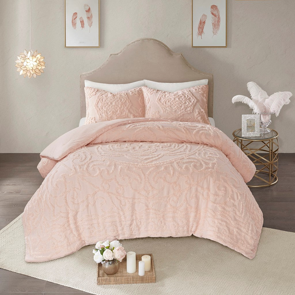 3 Piece Tufted Cotton Chenille Medallion Comforter Set Blush King Cal King King Blush Cotton