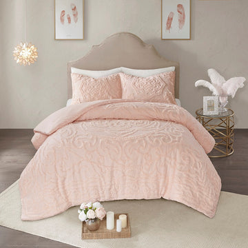 3 Piece Tufted Cotton Chenille Medallion Comforter Set Blush King Cal King King Blush Cotton