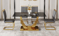 Table And Chair Set.Modern Rectangular Dining Table With Black Textured Stickers Glass Tabletop And Gold Plated Metal Legs.Paried With 4 Comfortable Chairs With Pu Seats And Golden Metal Legs. Dark