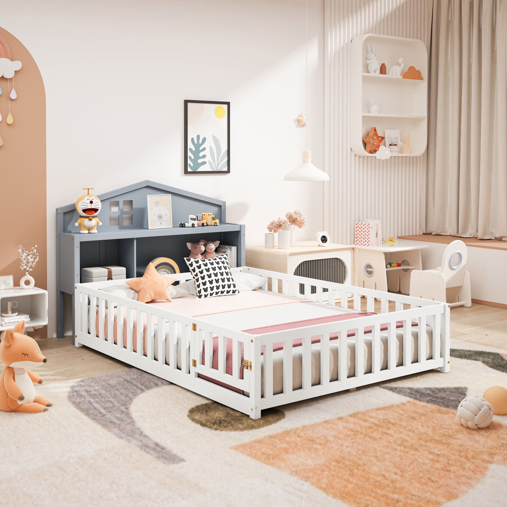 Headboard Storage Cabinet For Full Size Montessori Floor Bedgrey,Freely Collocation Grey Mdf