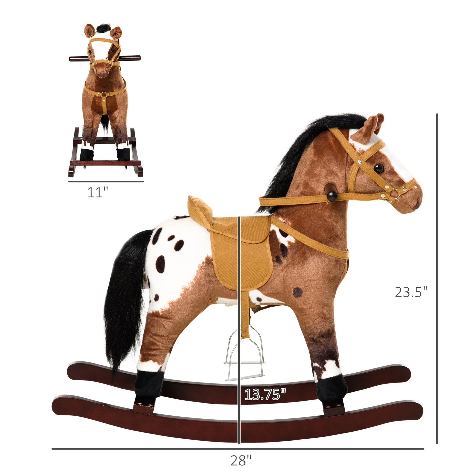 Qaba Kids Metal Plush Ride On Rocking Horse Chair Toy With Realistic Sounds Dark Brown White Dark Brown Plush