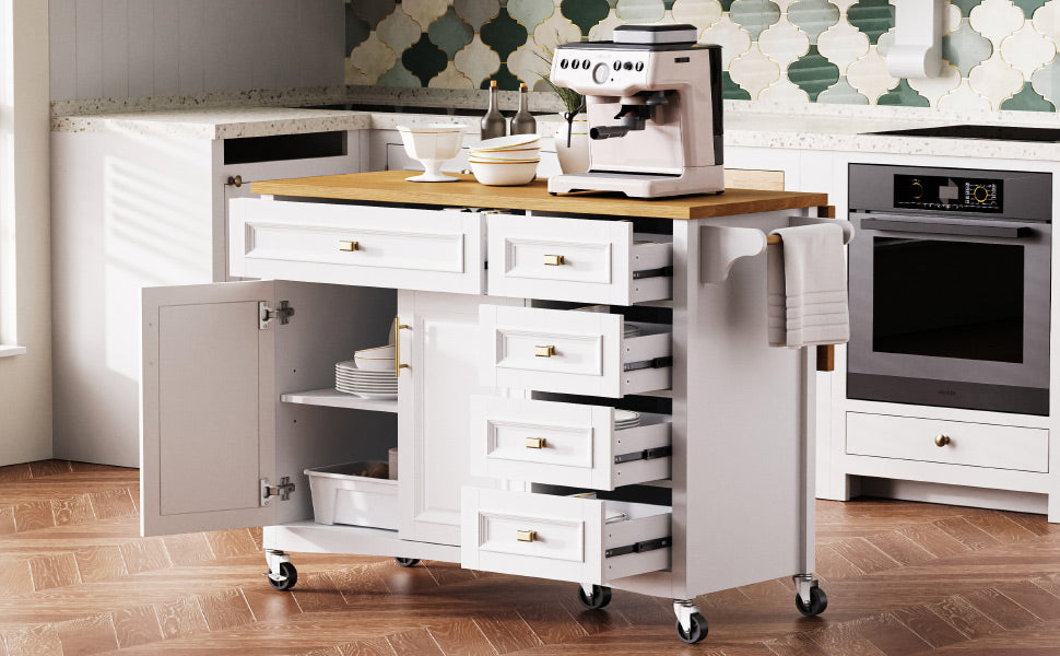 K&K 52'' Kitchen Island With Drop Leaf, Embossed Texture Kitchen Island On Wheels With Spice Rack, Towel Rack, 2 Doors And 5 Drawers, Kitchen Storage Cart With Adjustable Shelf For Kitchen, White