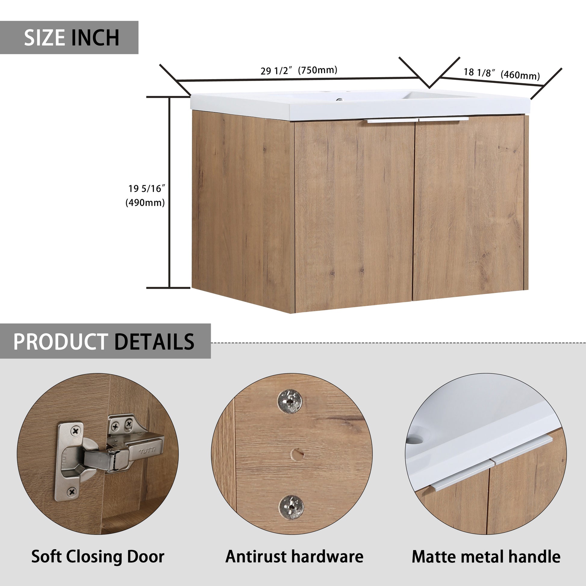 42" Wall Mounted Bathroom Vanity With Sink And Side Cabinet, Soft Close Doors,00112Imox2 0630Imo 0612Gwh Combination Cabinet Kd Packing Imitative Oak Bathroom Modern Plywood Plywood
