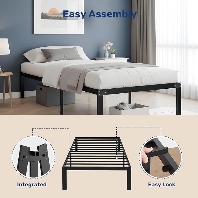 Twin Size Bed Frame, 14 Inch Platform Bed No Box Spring Needed, Sturdy Metal Bed Frame Twin Size, Storage Space Under The Bed Heavy Duty Frame Bed, Black Black Metal