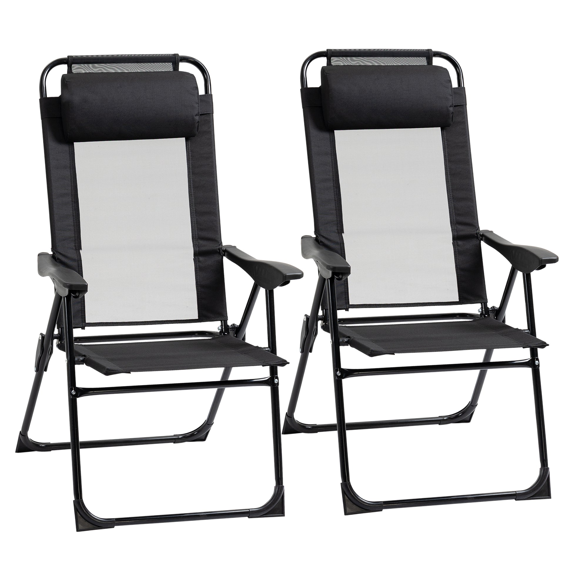 Outsunny Folding Patio Chairs Set Of 2, Outdoor Deck Chair With Adjustable Sling Back, Camping Chair With Removable Headrest For Garden, Backyard, Lawn, Black Black Fabric