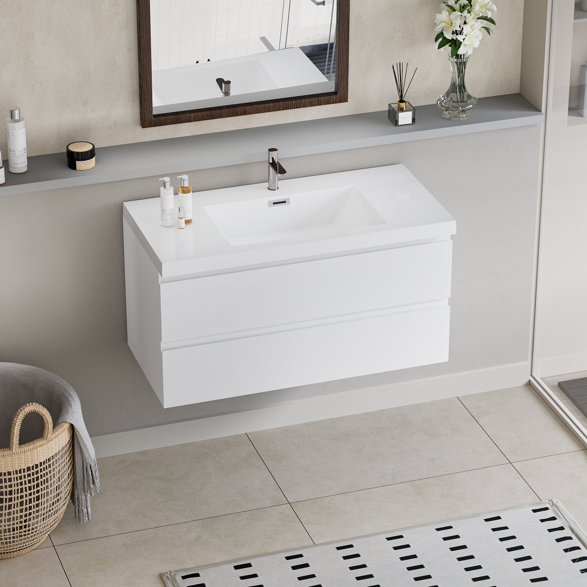 42" Floating Bathroom Vanity With Sink, Modern Wall Mounted Bathroom Storage Vanity Cabinet With Resin Top Basin And Soft Close Drawers, Glossy White 24V11 42Gw 2 White Bathroom Wall Mounted Mdf