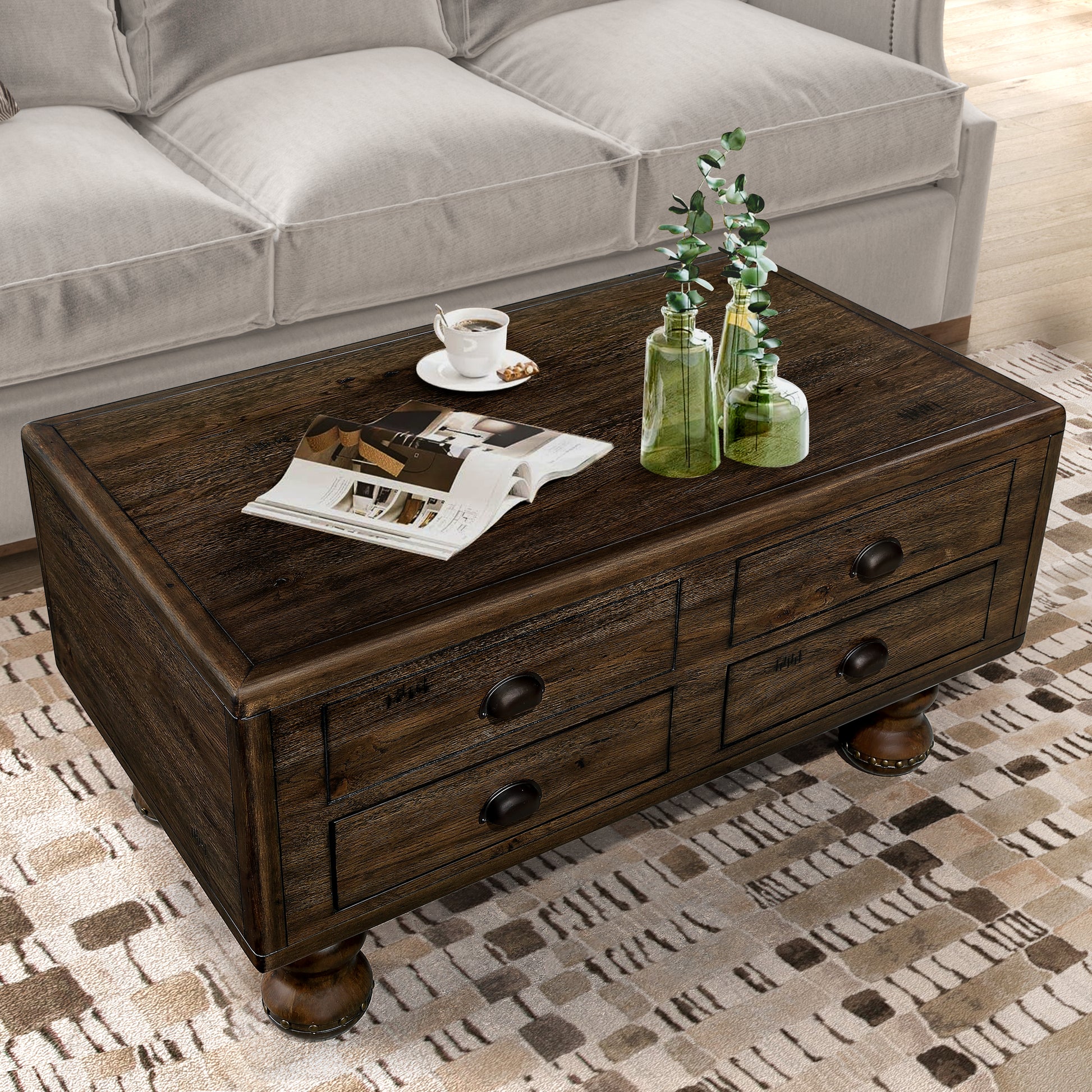 Solid Wood Rectangle Coffee Table For Living Room, 40 Inch Antique Coffee Table With 4 Drawers, Wood Center Table Tea Table With Rivet Decoration Legs.Easy Assembly, Espresso Espresso Pine