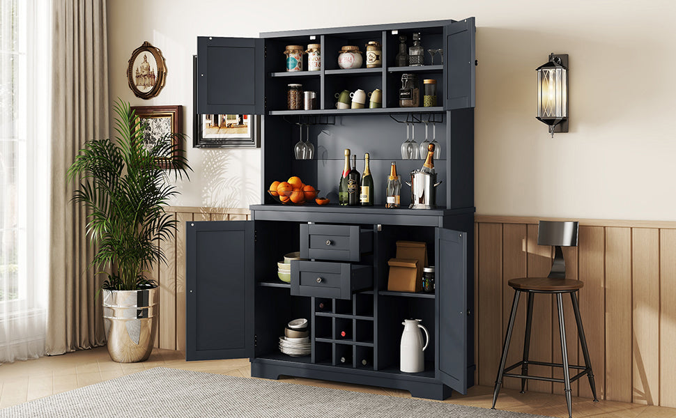 Coffee Bar Cabinet Kitchen Cabinet With Storage, Farmhouse Wine Cabinet With Drawers Shelves And Cabinets, Buffet Cabinet Wine & Glass Racks For Dining Room, Kitchen, Dark Blue Antique Blue Particle
