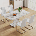 Table And Chair Set, Modern Dining Table, Imitation Marble White Top And Silver Legs, Soft And Comfortable Dining Chair, Perfect For Dinner, Meetings, Home And Office Decor White Silver Glass Metal