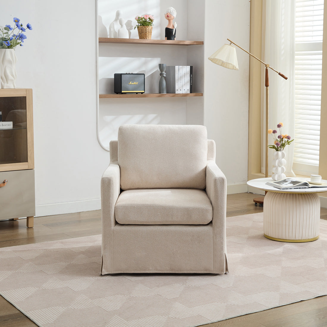 29.92'' Swivel Accent Chair, Upholstered Skirted Swivel Chair With Removable Back Cushion, 360 Degree Comfy Armchair For Living Room, Nursery, Lounge,Office,Beige Chenille Beige Chenille