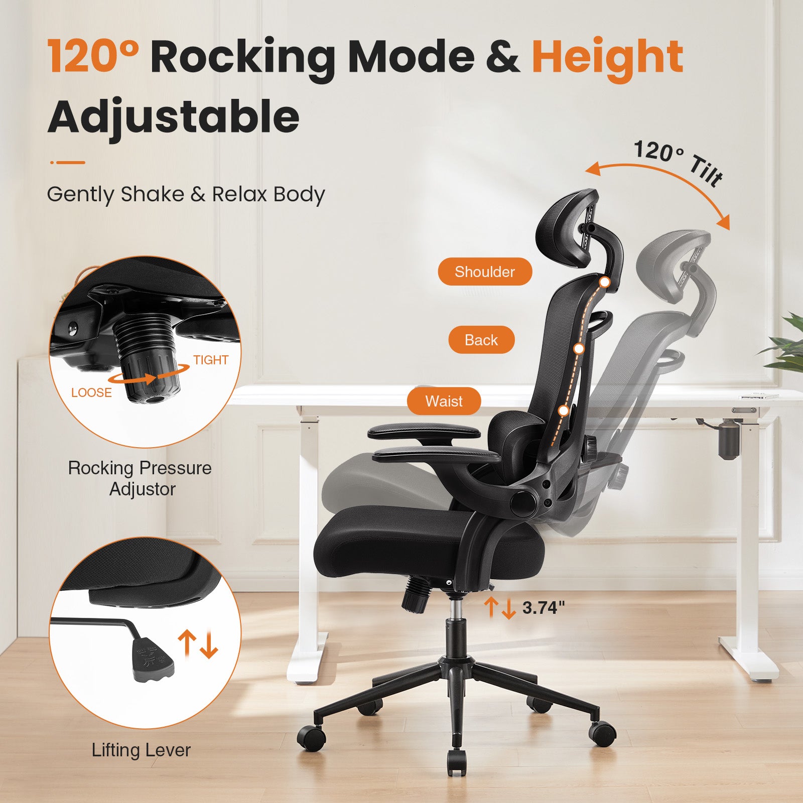 High Back Desk Chair With Adjustable Lumbar Support & Headrest,Comfortable Mesh Computer Chair With Soft Flip Up Arms, Adjustable Height And 120 Tilt,Black Black Abs Pc