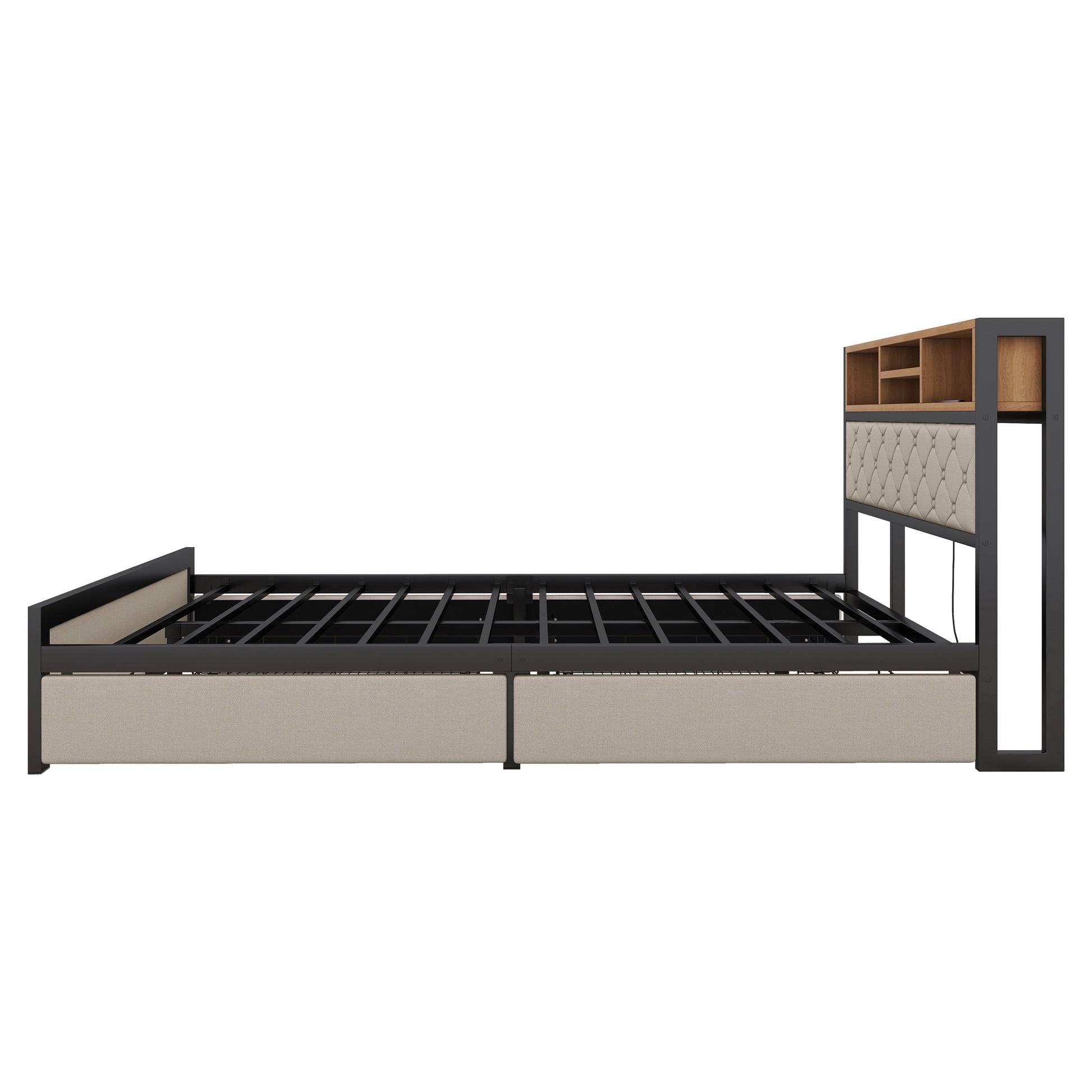 Metal Full Size Platform Bed With 4 Drawers, Upholstered Headboard And Footboard, Sockets And Usb Ports, Beige Full Beige Black Fabric Metal