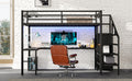 Full Size Loft Bed With L Shaped Desk And Usb, Metal Loft Bed With Wardrobe And Adjustable Shelf, High Loft Bed With Led For Kids Teens Adults, Black Full Black Metal