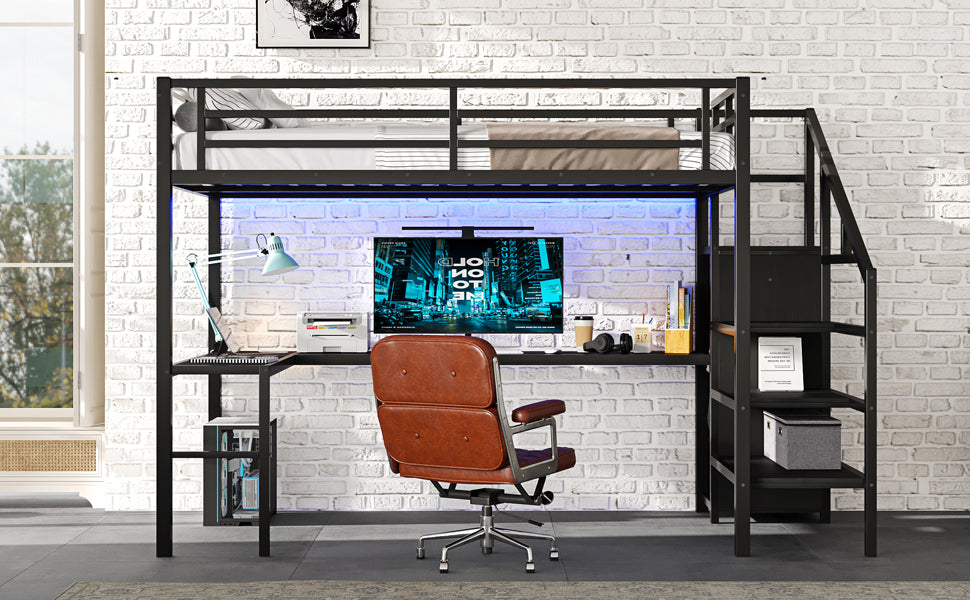 Full Size Loft Bed With L Shaped Desk And Usb, Metal Loft Bed With Wardrobe And Adjustable Shelf, High Loft Bed With Led For Kids Teens Adults, Black Full Black Metal
