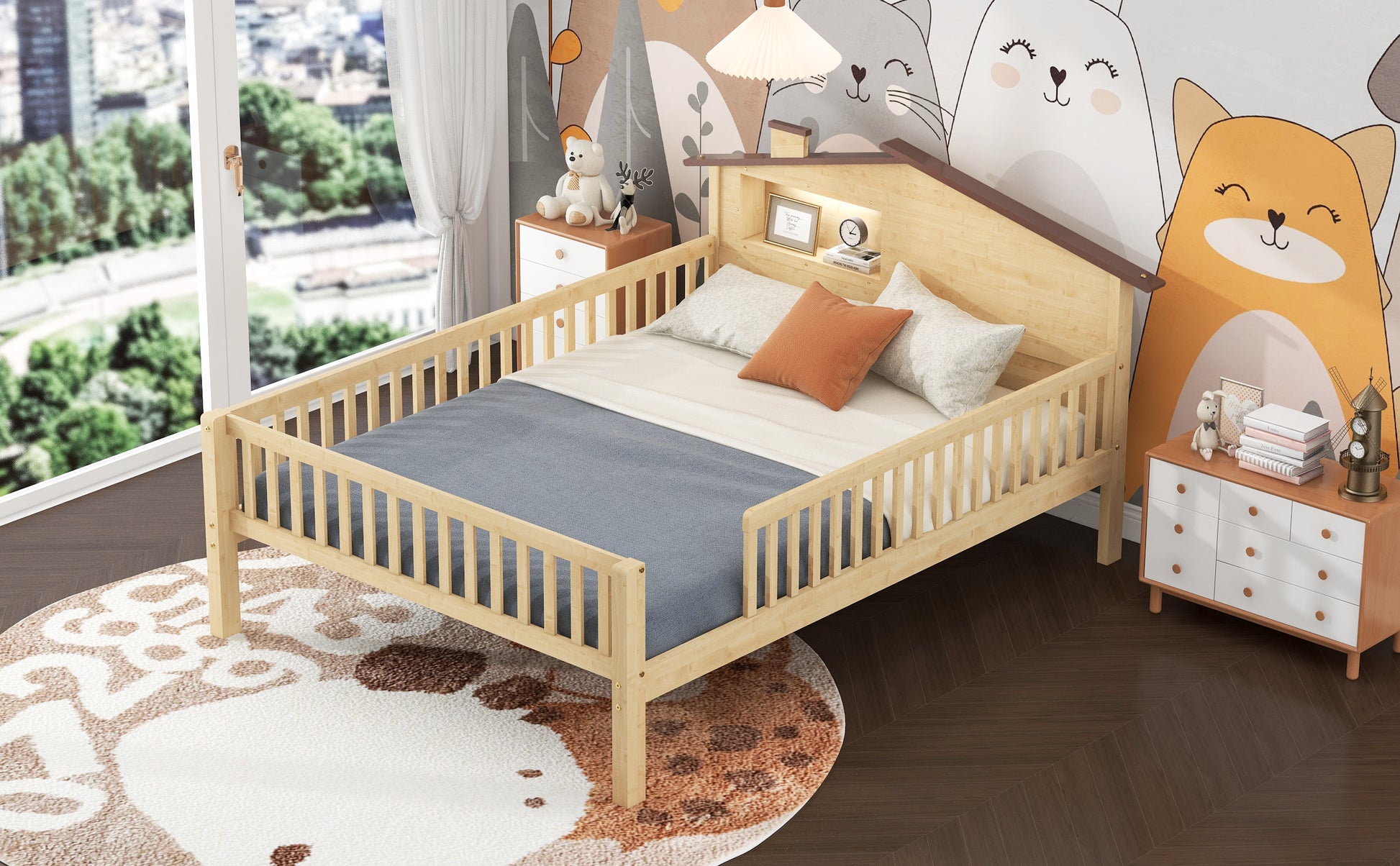 Full Size Wood Platform Bed With House Shaped Headboard, Led And Built In Storage, Natural Box Spring Not Required Full Natural Wood Bedroom Bed Frame Wood