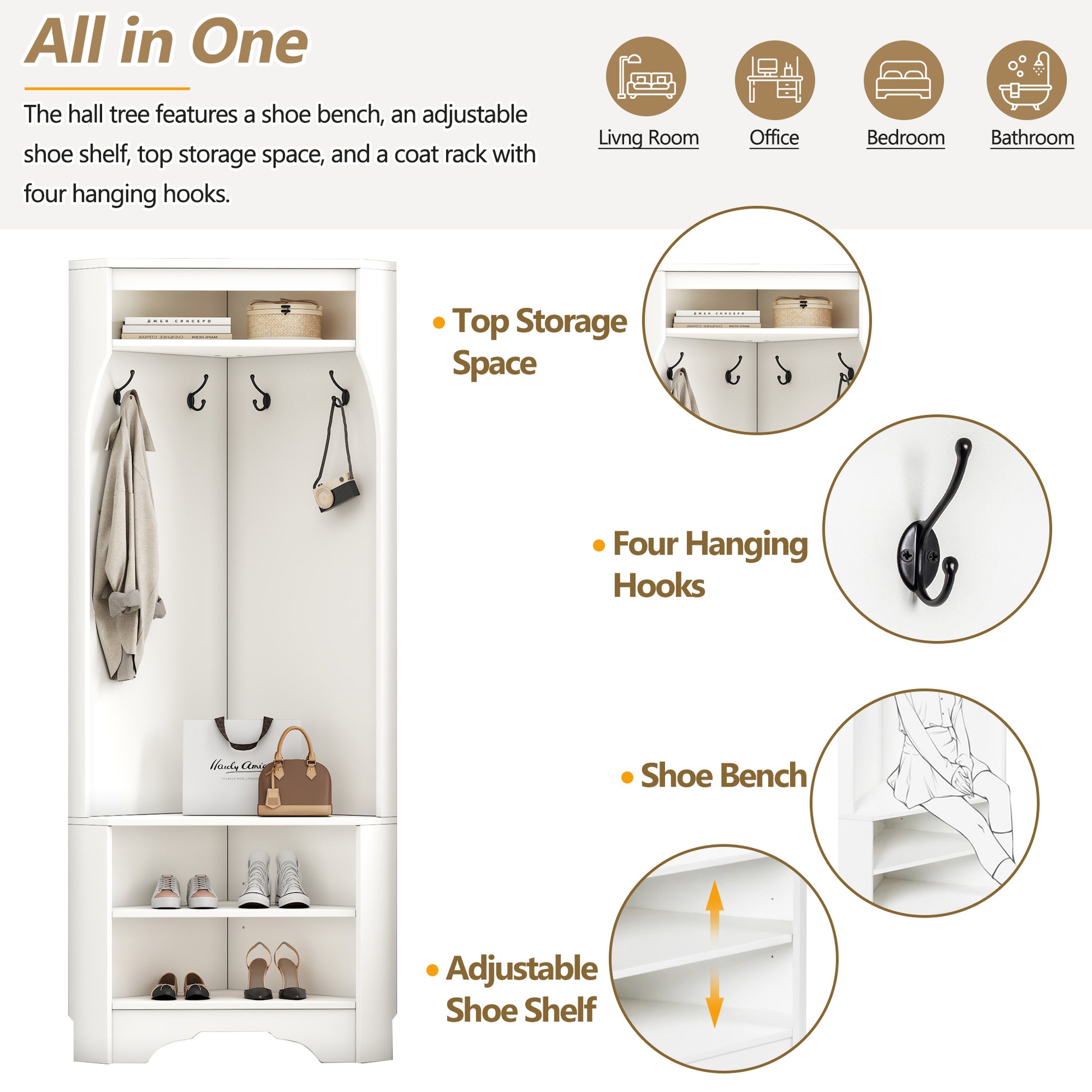 Minimalist Corner Hall Tree With Shoe Bench, Versatile Entryway Coat Rack With 4 Hooks, Corner Cabinet With Adjustable Shelf For Hallway, Living Room, White, 29.5''W*71.6''H White Particle Board