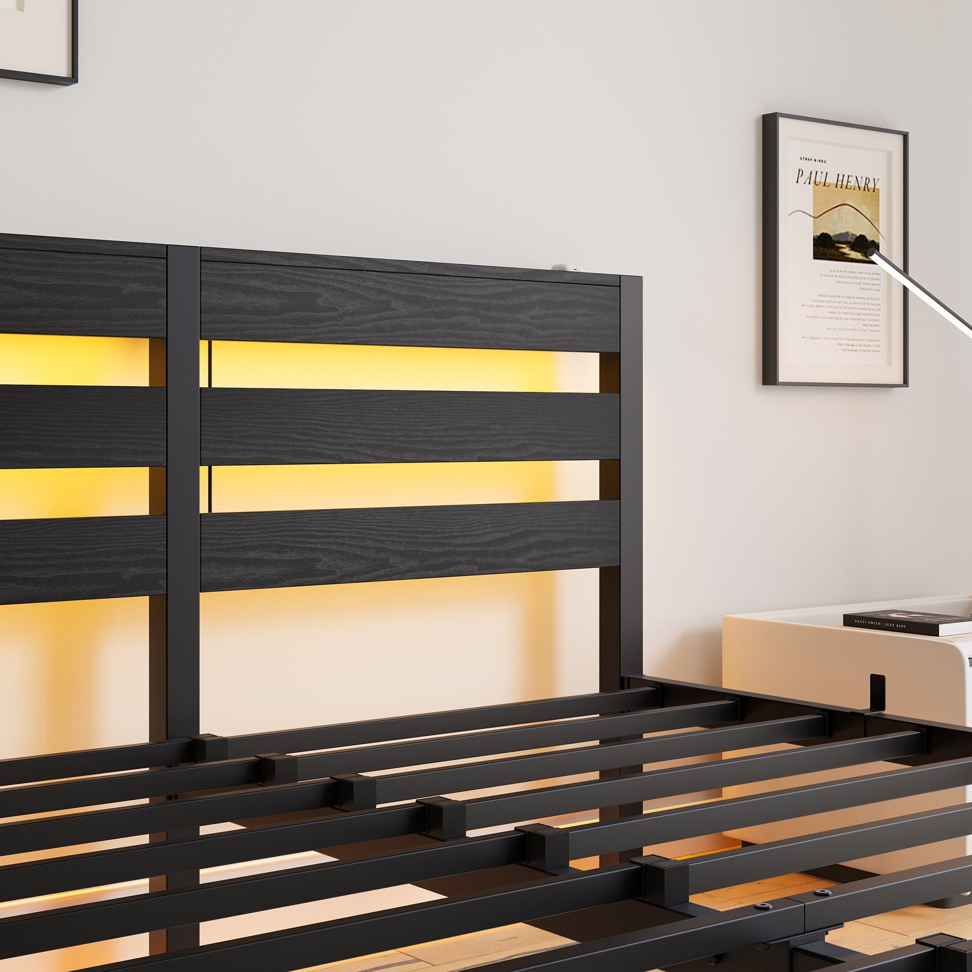 Queen Size Metal Bed Frame With Wooden Headboard, Rgb Lights, Charger, Storage Shelf, Noise Free, No Box Spring Needed, Black Box Spring Not Required Queen Black Metal Bedroom Bed Frame Metal & Wood