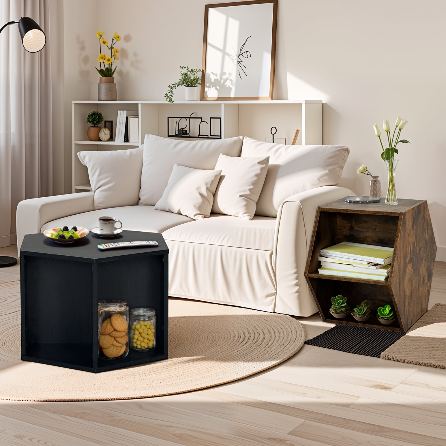 23.62'' Hexagonal Coffee Table Side Table Nightstand Antique Wood Antique Brown Mdf