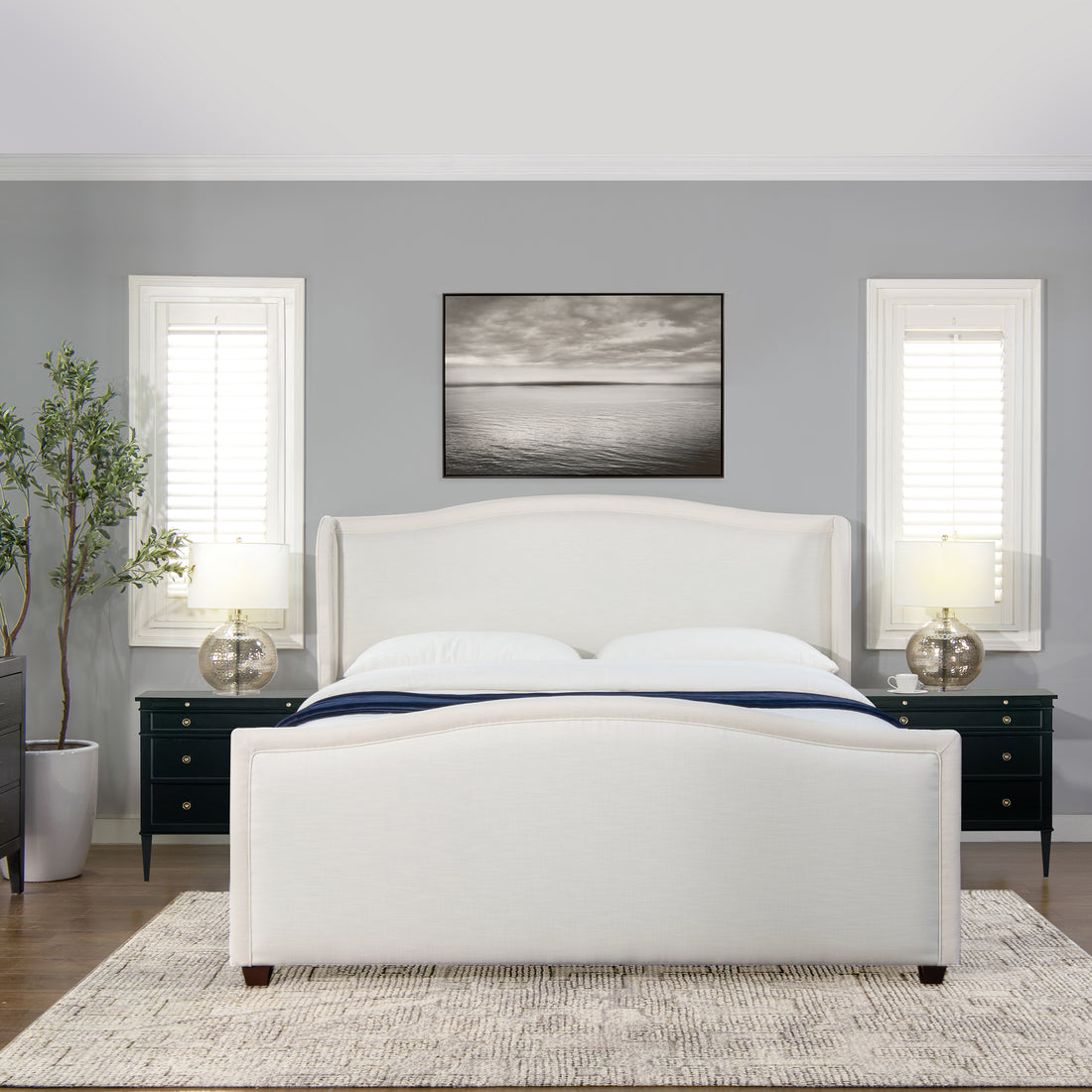 Carmen King Upholstered Wingback Panel Bed Frame, Antique White Polyester Box Spring Required King Antique White Wood Foam Polyester Polyester