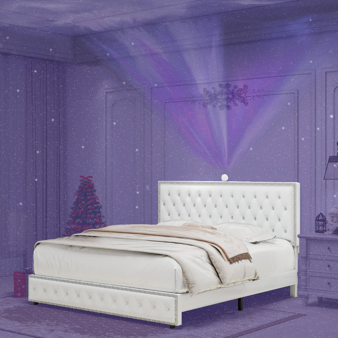 Queen Size Bed Frame With Star Projector Galaxy Light, Adjustable Upholstered Headboard With Diamond Button, Usb Charger, Music Speaker, Pu Leather White Pu Mdf Metal